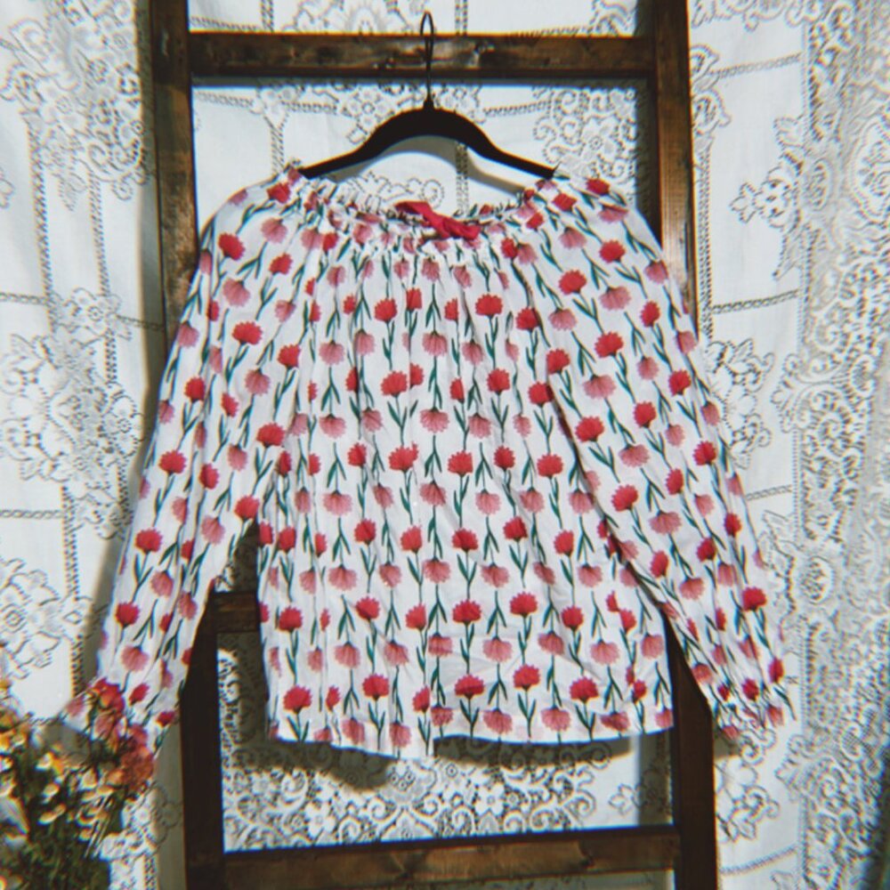 J. Crew Tie-back Pink and White Spring Floral Ruffleneck Top - Size XS